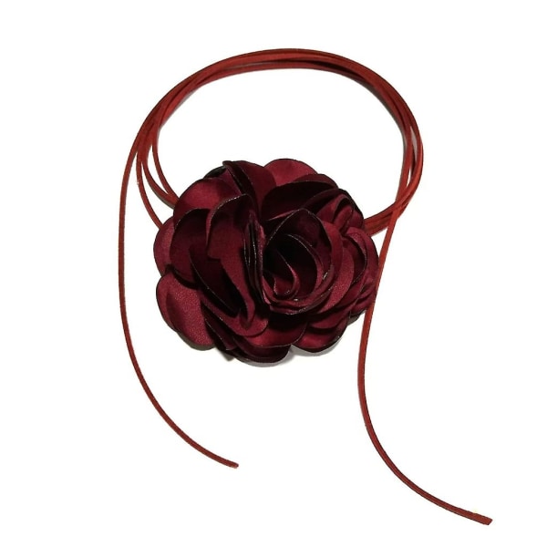 Stor ros blomma krageben kedja enkel justerbar tyg halsband kvinnor choker Wine Red