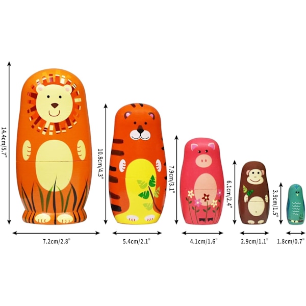 Trämålade Matryoshka-dockor för barn Handgjorda söta tecknade djur Lejon Tiger Apa Mönster Nesting Doll Leksak Staplingsdocka Set med 5
