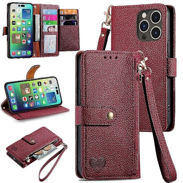 Fodral för iPhone 14 Pro Plånbok Kärlek Dragkedja Läderfodral Snodd Red