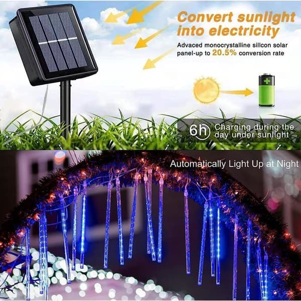 Solar Meteorregnlys – IP65 Vandtætte Julelyskæder – 30 cm rør, 8 rør, 192 LED'er – Blå