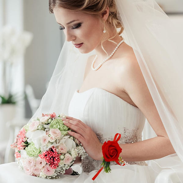 Håndleddsblomster til bryllup, blomsterhåndleddsknapphullsett Kunstige bryllupsrose Brud håndleddsblomster Blomsterknapphull til ball (Rød)