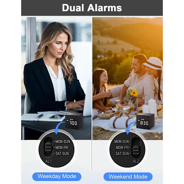 SCSYV Digital väckarklocka, med trä-LED-display, dubbla alarm, 2,5-tums kubisk liten mini-klocka i trä för sovrum, sängbord Black