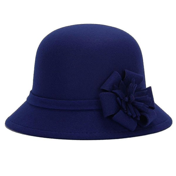 Vintage kvinnor imitation ull enfärgad blomdekor Bucket Hat Bowler Cap Sapphire Blue