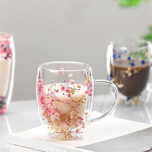 Kreativa Äkta Blomma Dubbelglas Hög Utseende Nivå Full Stjärna Torkad Blomma Mjölk Kaffe Glas 350ml Hushållskopp B