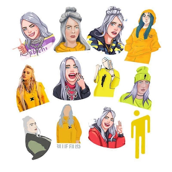 Singer Billie Eilish -läppäritarra, popmusiikin supertähden piirrostarra faneille