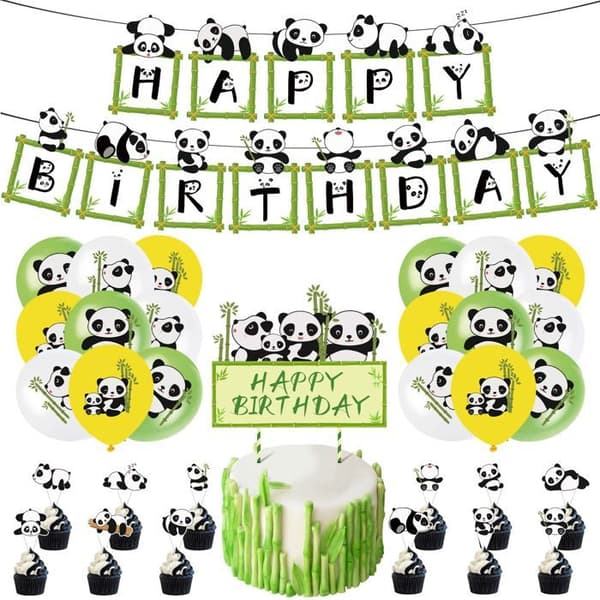 Panda bursdagsdekorasjonssett for gutter, inkluderer ballonger og bannere, grønn
