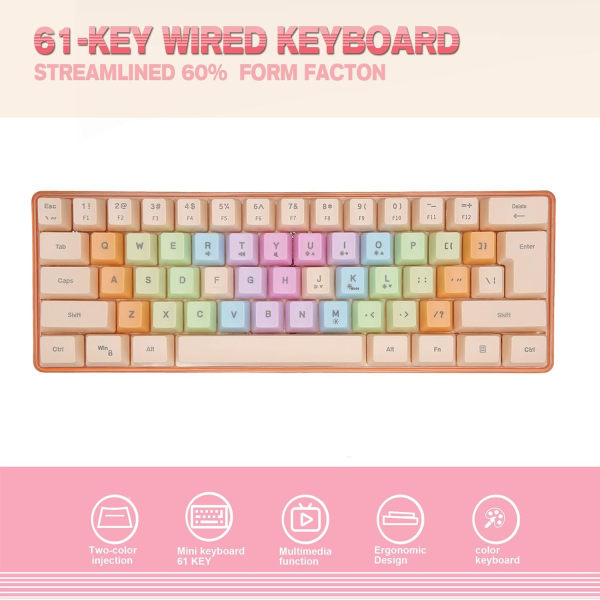 Speltangentbord, 60 procent tangentbord, färg sött tangentbord med RGB, trådbundet mekaniskt tangentbord för spelkontor, aprikos