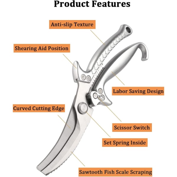 Kjøkkensaks - Oppgrader kraftig kjøkkensaks i rustfritt stål med tagget kant, ultraskarp profesjonell fjærfesaks for bein