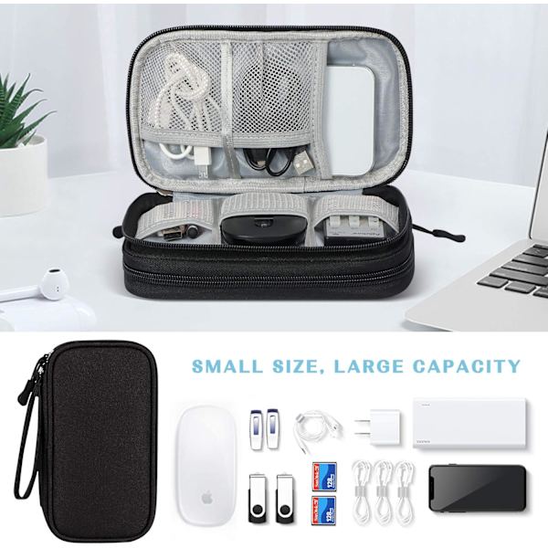 Dobbeltlags elektronikktilbehørsveske-arrangør for kabler, universell bærbar reisegadgetveske for kabler, powerbank, USB-stasjon, lader harddisk A-black