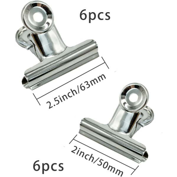 12 Pieces Bulldog Clip Metal Photo Clip, Silver (6pcs 50mm, 6pcs 63mm)