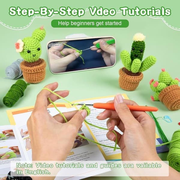 Kaktus Hæklesæt til Begyndere – Komplet Amigurumi Sæt med Garn og Video Tutorial (til Voksne og Børn)