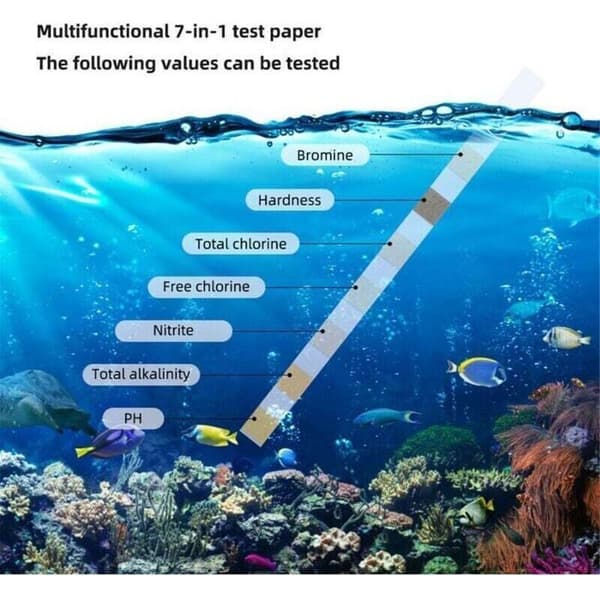 7-i-1 pool- og spavandstester, 50 strimler til klor, pH, brom, hårdhed, alkalinitet, cyanursyre og total klor