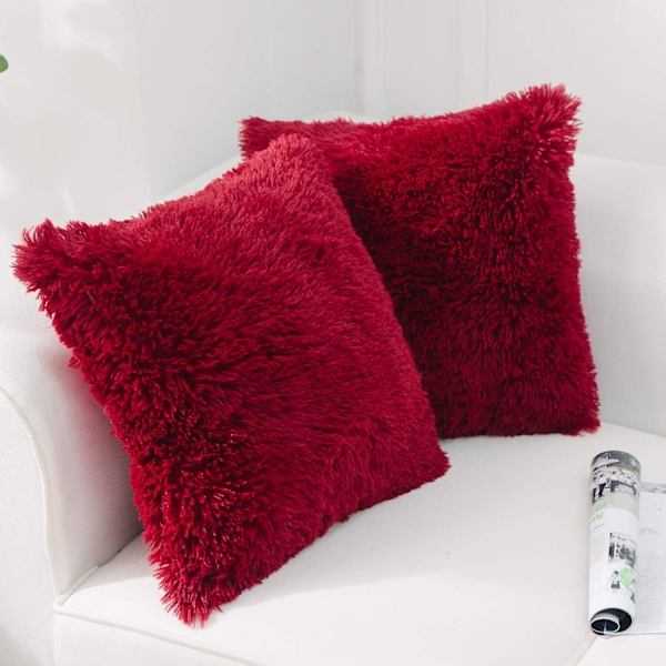 Pack of 2 Faux Fur Cushion Covers 45 x 45 cm Luxury Fluffy Decorative Fuzzy Square Throw Pillow Case 18 x 18 for Sofa Decor Burgundy Red