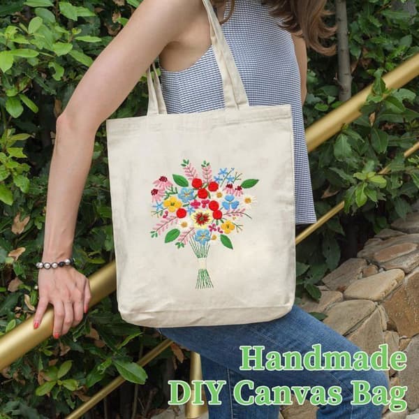 Broderisats för tygväska med blommönster, DIY-kit för vuxna, korsstygn, vit