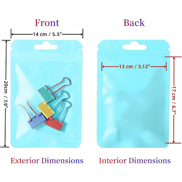 100 stk. Mylar Zip-poser med klart vindu, lufttett ziplock-pose med opphengs hull (Lyseblå, 14x20 cm)