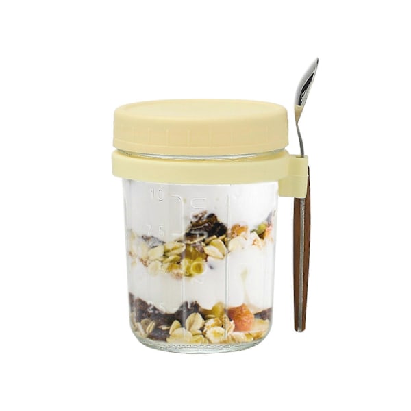 Glasbehållare för Havregryn med Sked - 350ml Flerfärgad 30 cl Mason Jar med Bred Öppning för Overnight Oats, Flingor, Yoghurt - Lufttät Förslutning och Läcksäkert Lock Yellow 350ML