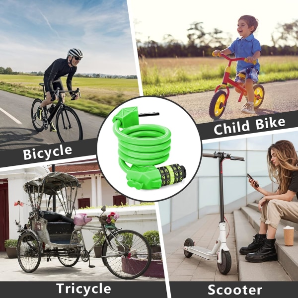 Cykellåskombination med 5-siffrig kod, cykellås högsäkerhet 114cm/11,2mm cykellås, cykellås för cykel utomhus (grönt)