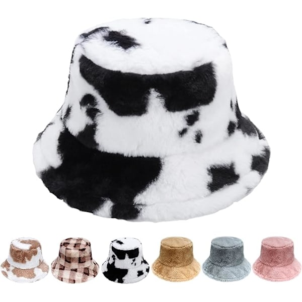 Vinterhinkhatt - Kvinnors fluffig fiskarehatt Mjuk konstpäls Vinterhatt Fuzzy Furry varm hatt Tjock bredbrättad plyschhatt för kvinnor flickor, Ko