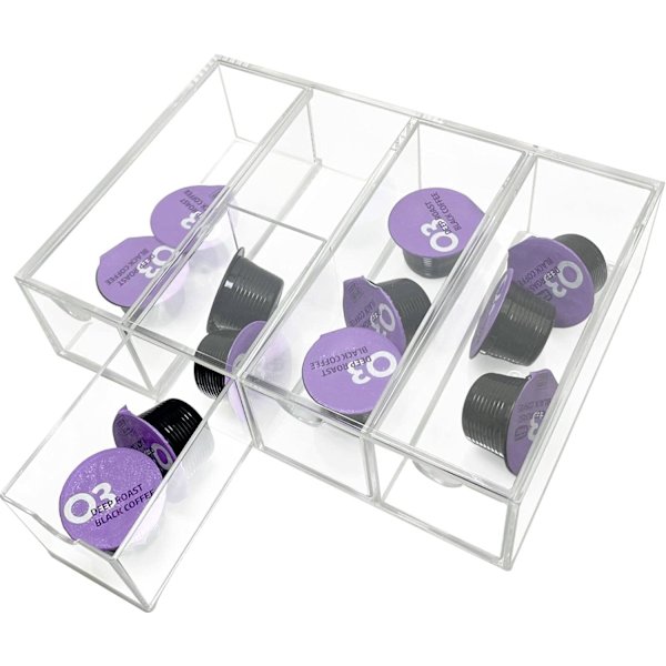 Kaffe Kapselholder Akrylboks med 4 Skuffer, Kjøkken Kaffe Pod Organizer Container Stasjon Klar Pantry Stable K Cup Holder Oppbevaringsboks