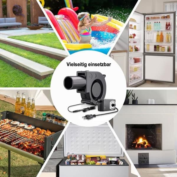 12V/220V radialventilator med controller; til ventilation, grill, pejs eller varmemølle