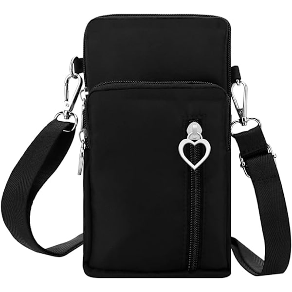 Crossbody tasker til mobiltelefoner med stor kapacitet og justerbar skulderrem til kvinder og piger (hjerte, sort)