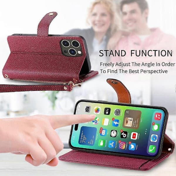Etui til iPhone 14 Pro Wallet Love Lynlås Læder Etui Lanyard Brown