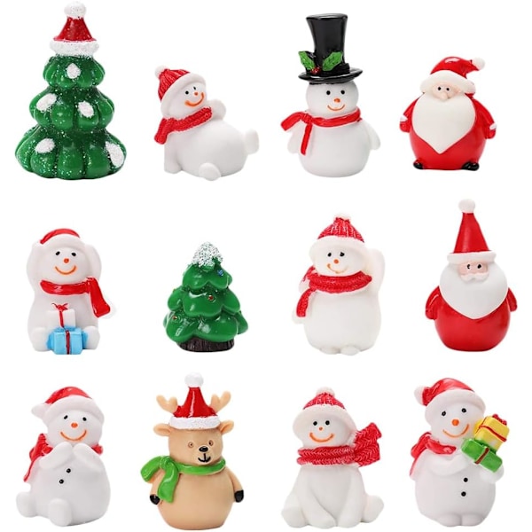 12 st miniatyrjulprydnader i harts - snögubbar, renar, tomten - julgran för hantverk, snöglober, feträdgård, dockhusdekoration