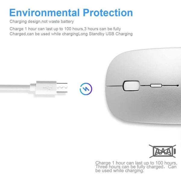 Bluetooth-mus for bærbar PC/iPad/iPhone/Mac(iOS13.1.2 og nyere)/PC, oppladbar støyfri mini trådløs mus kompatibel med Android/Windows, Silver