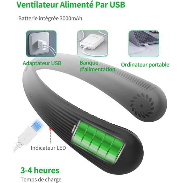 Bærbar Bladeless Halsventilator, Lydløs Håndfri Halsventilator, 3000mAh USB Genopladeligt Batteri, 3 Hastigheder, Sort