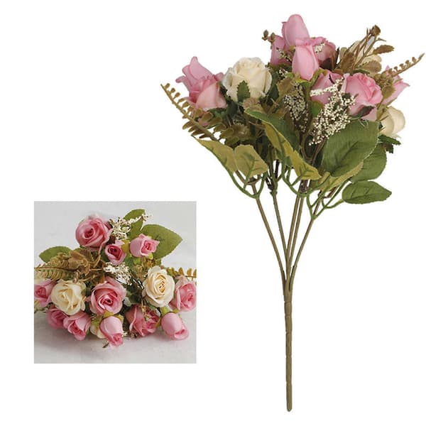 Simuleret buket med 15 smukke efterårsrose silkeblomster Pink
