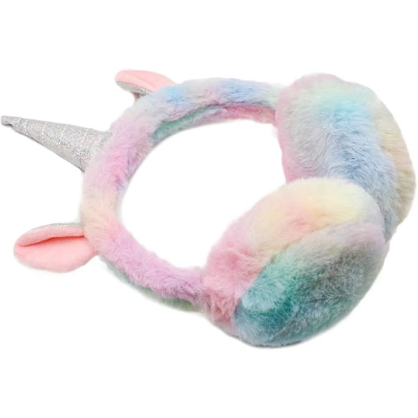 Søde Rainbow Unicorn-øreværn til kvinder, børn, piger, sammenfoldelig, varm, blød plys, behagelig udendørs vinterørevarmere