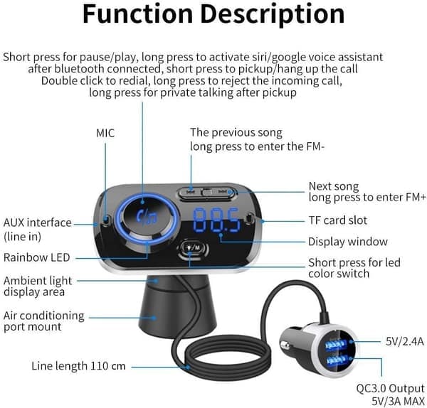 INF Trådløs FM-sender til bil Bluetooth 5.0 QC3