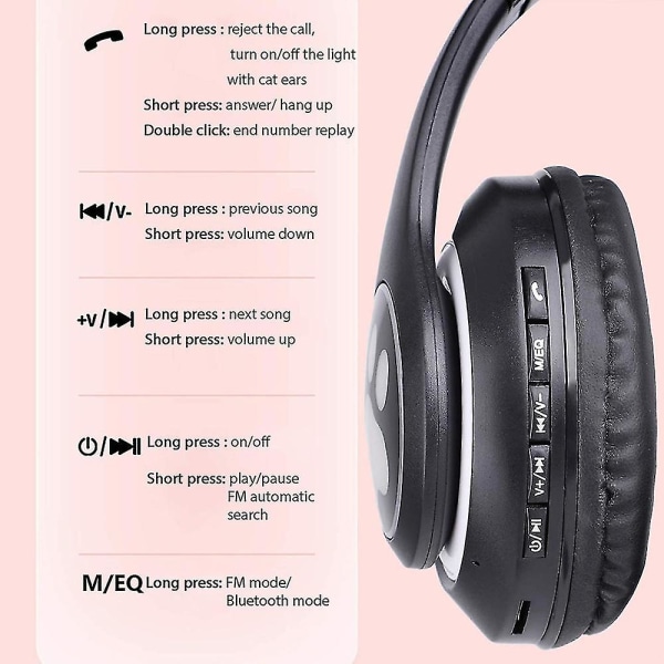 Hodetelefoner Cat Ear trådløse hodetelefoner, LED Light Up Bluetooth-hodetelefoner Black