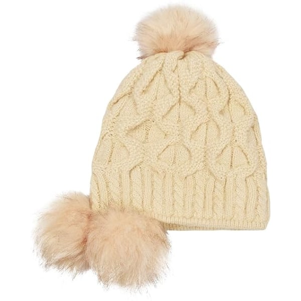 Vintermössa för kvinnor, stickad med pompom, vindtäta öronlappar Beige