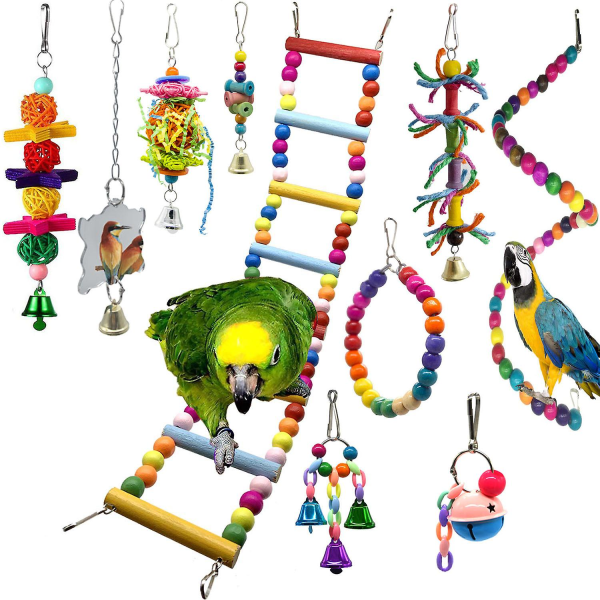Pakke med 10 Papegøjelegetøj Papegøjetyggetøj med klokke, gynge, hængekøje, fuglelegetøj til papegøjer.