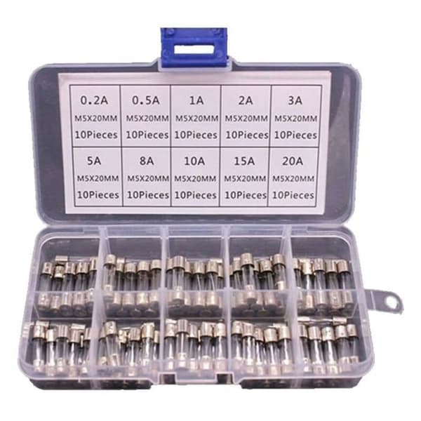 AIMOONSA Förpackning med 100 glassäkringar 5x20 mm — 10 klassificeringar 0.2A–20A, snabbsäkring, 250V