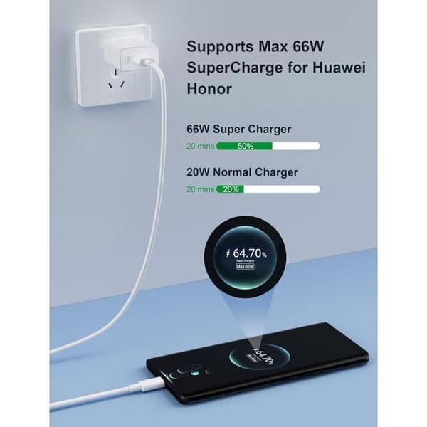 66W Supercharge Hurtigoplader til Honor 90 Lite / 200 Lite – Inkluderer 6A USB-C Kabel (1m)