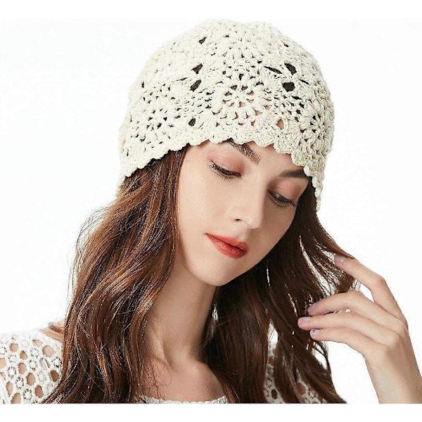 Dam Bomull Virkad Slouchy Mössa Handgjord Stickad Utskuren Sommar Blommig Skull Cap beige