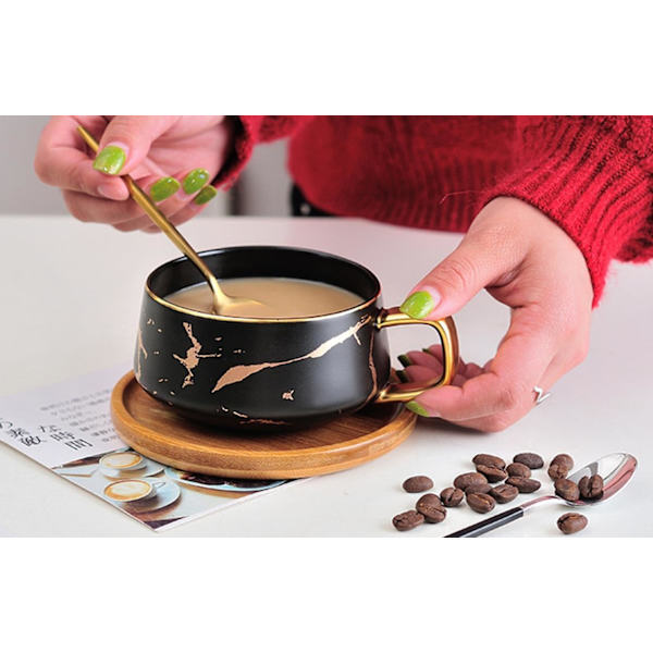 Porcelæn Te Kop Kaffe Kopsæt til Eftermiddagste - Marmor Mønster (Kort 300ml + Træ Underkop)