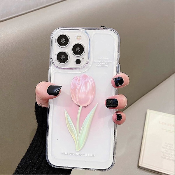 Blommig Mobilskal Kompatibelt med iPhone 12, Sött Estetiskt Klart Tulpan Mobilskal för Kvinnor Flickor Clear Tulip Pink iphone 14 plus case