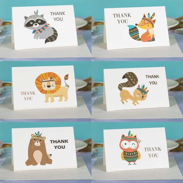 36 kpl Woodland Animal Theme kiitoskortteja kiitoskortteja 36 kpl kirjekuorilla ja tarroilla Baby Shower kiitoskortit Hääkiitoskortit
