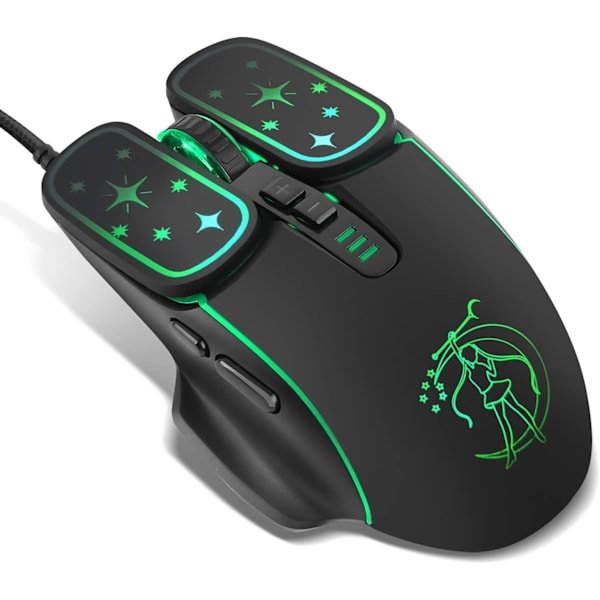 Gaming Mus, 4 farver baggrundsbelyst optisk spilmus ergonomisk USB kablet med 7200 DPI og 6 knapper 4 skydning til computer/Win/Mac/Andriod/iOS (sort)