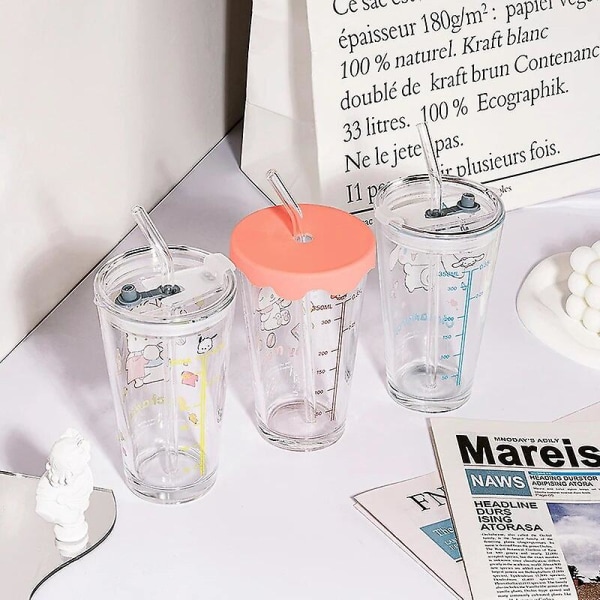 Läpinäkyvä lasivesikuppi Söpö sarjakuva aamiaiskuppi olki kannella maitomehu vesikuppi lasillinen Sippy Cup -lahja lapsille Pochacco