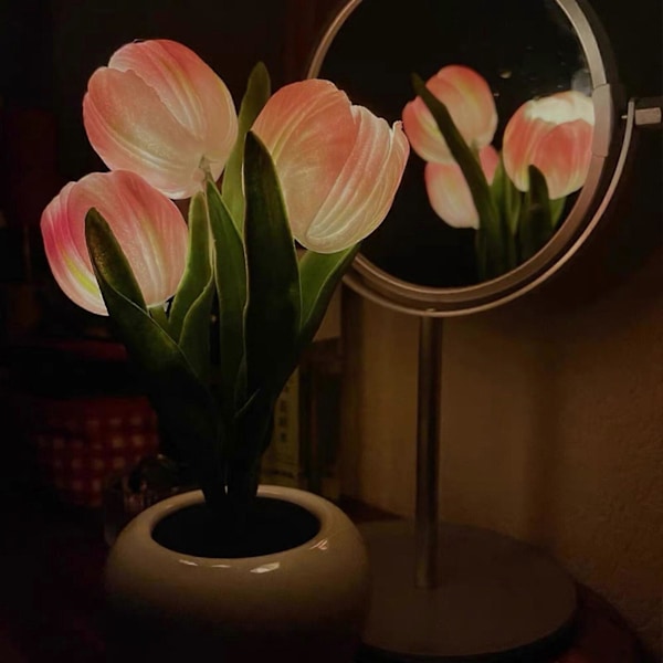 Nattlampa för sovrumsatmosfär Konstgjord blomma Krukväxt Flicka Gåva Flerfärgad PU Kreativ Bordsdekorationslampa White battery