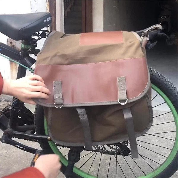 Lærred+læder MTB cykeltaske Pack Udendørs rejseopbevaringstaske Cykelbagstativtaske-Army Green