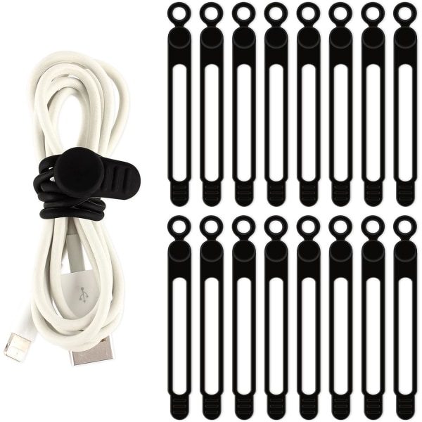 Kabelband Återanvändbara silikonkabelremmar 16st Kabelbindare Kabelsladdarorganisatorer för hörlurar Telefonladdare Ljudkabeldator (16st, svart)