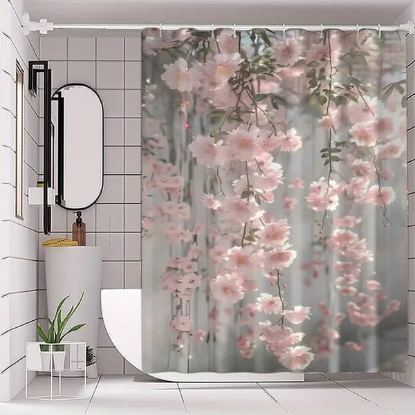 Lyserød kirsebærblomst badeforhæng, badeværelsesforhæng, maskinvaskbar polyester, jule- og vinterdekoration