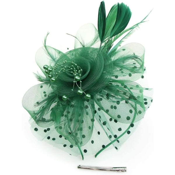 Fascinators Hat for Women Damer Bryllup Fascinators Tea Party Hat Flapper Pillbox Hat Ascot Race Hat Feather Flower (mørkegrønn)