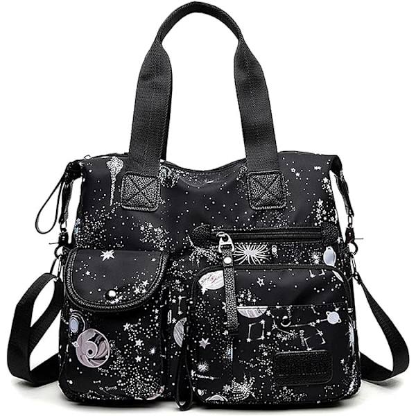 Tote taske til kvinder, stor kapacitet top håndtasker med multi lommer og lynlås, lette dame skuldertasker, nylon crossbody (sort stjernehimmel) Black