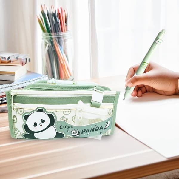 Panda Skole Penalhus: Kawaii stil, stor kapacitet, flere rum – Grøn